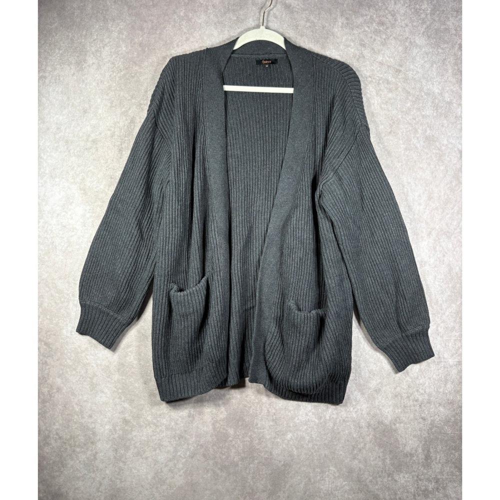 Quince Cardigan Womens Medium Gray Organic Cotton Fisherman Open Ribbed Knit